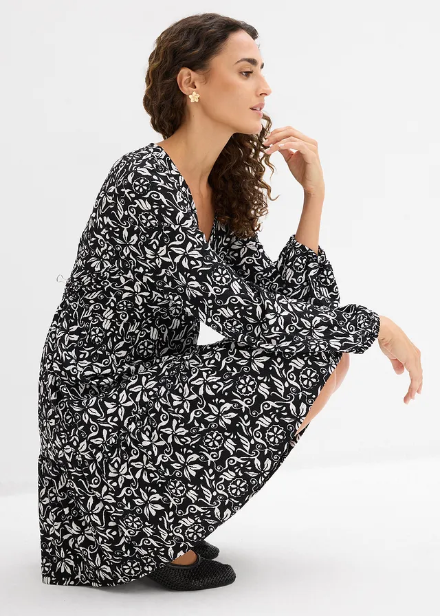 Robe-tunique en crêpe léger • noir-écru graphique • product-page.page-title-suffix