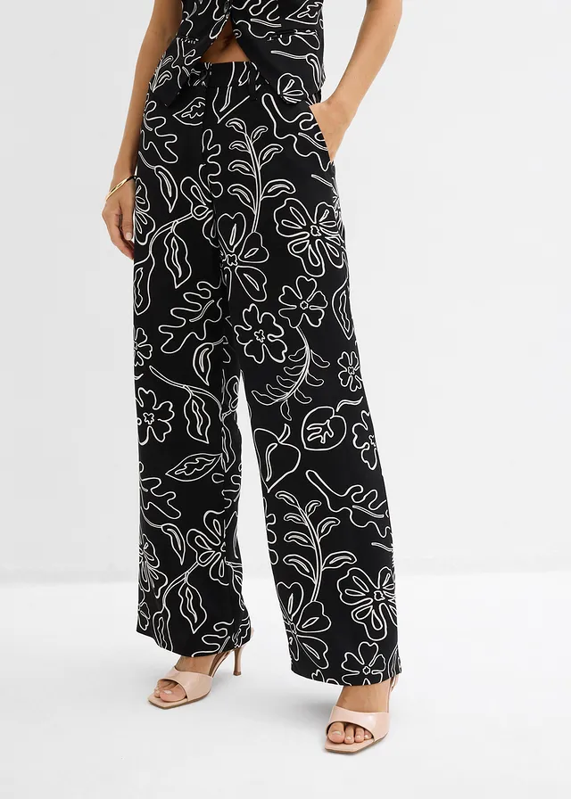 Pantalon large à pinces, Couleur: noir imprimé