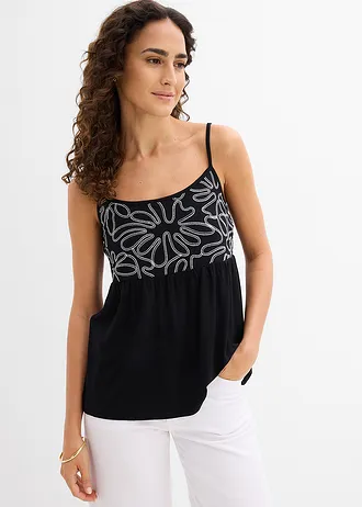 Top met spaghettibandjes en borduursel • zwart/wit • bonprix online shop