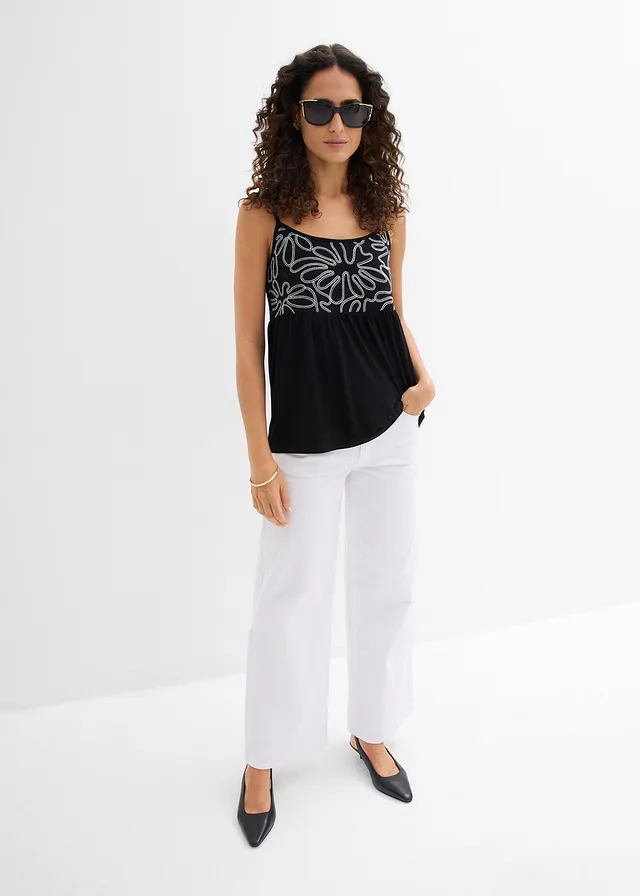 Top met spaghettibandjes en borduursel, Kleur: zwart/wit