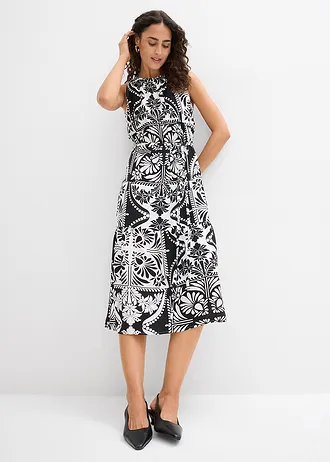 Midi jurk, Kleur: zwart-wolwit met print