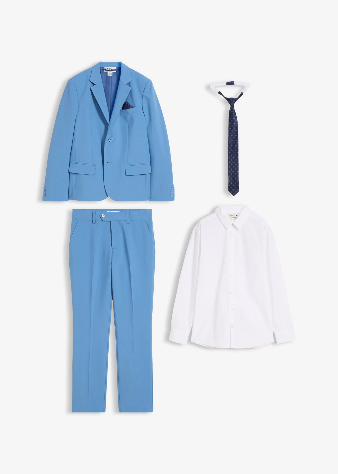 Costum + cămașă + cravată (set/4 piese) • albastru-cristal/alb/bleumarin • magazin bonprix