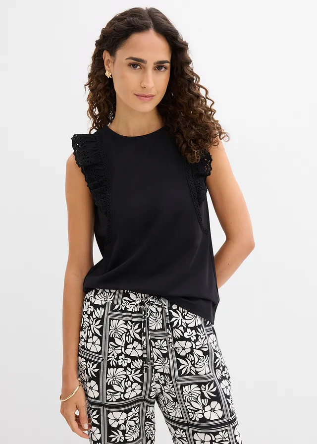 Top van katoenmix, Kleur: zwart