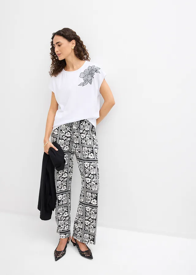 Bluzka oversize z czystej bawełny czarny + biel wełny z nadrukiem