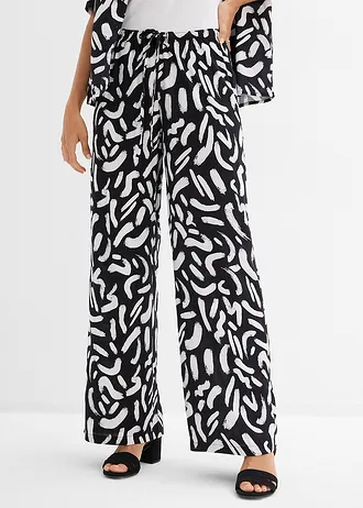 Broek van soepele viscose met print, Kleur: zwart/wit