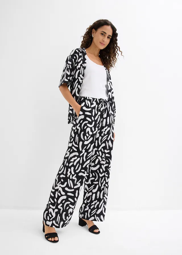 Pantalon imprimé en viscose fluide, taille élastiquée, Couleur: noir / blanc