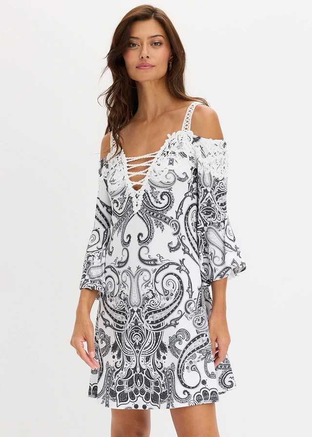 Robe évasée à encolure Bardot • noir/blanc paisley • product-page.page-title-suffix