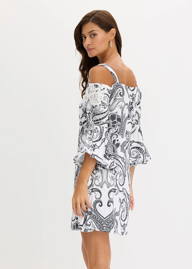 Robe évasée à encolure Bardot, Couleur: noir/blanc paisley