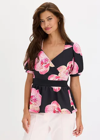 Shirt met peplum • zwart gebloemd • bonprix online shop