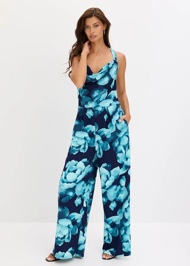 Jersey jumpsuit met watervalhals, Kleur: donkerblauw gebloemd