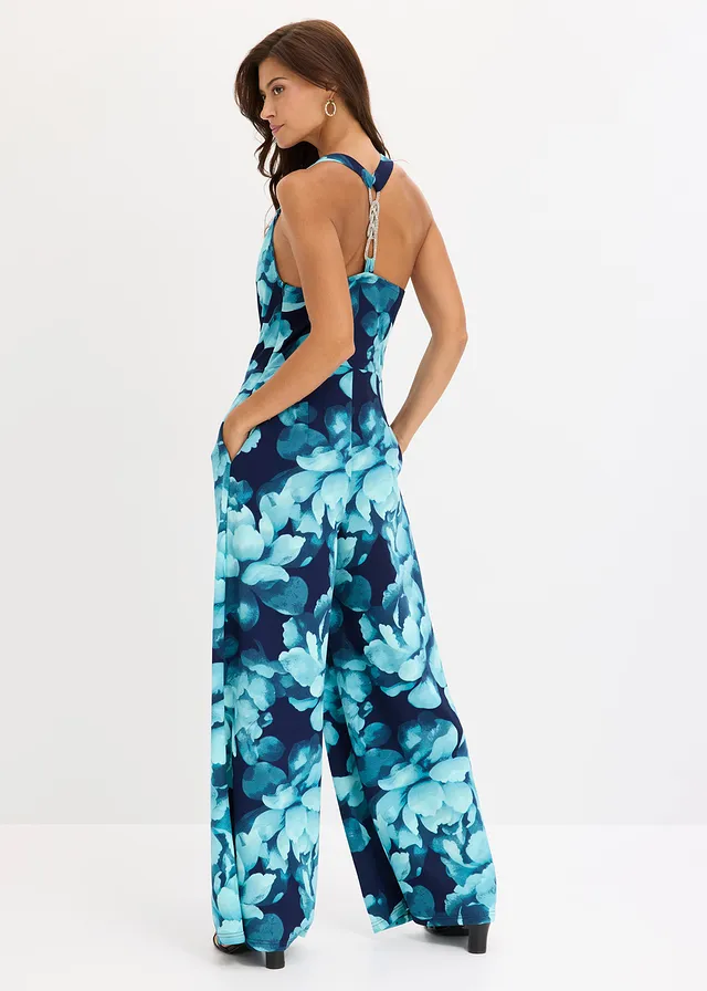 Jersey jumpsuit met watervalhals, Kleur: donkerblauw gebloemd