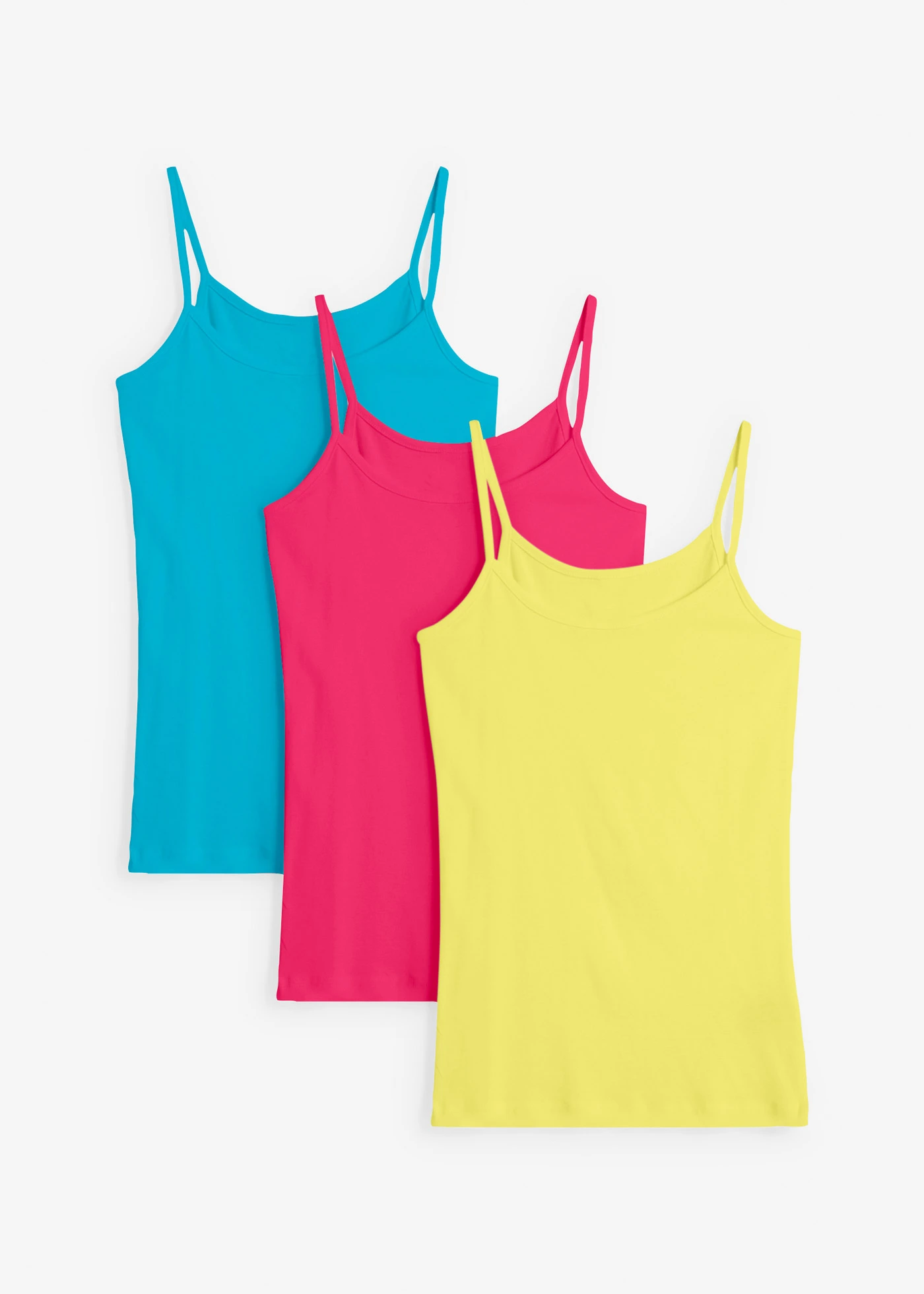 Top met spaghettibandjes (set van 3) • lichtlimoen+donkerpink+caraïbisch blauw • bonprix online shop