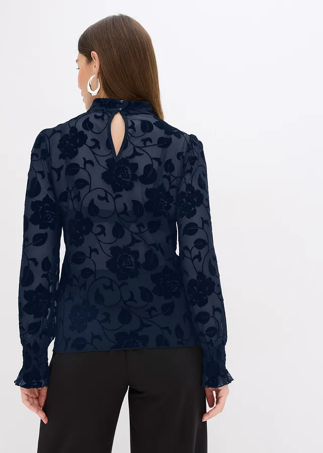 Transparant longsleeve met flockprint, Kleur: donkerblauw