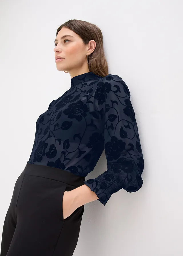 Bluză cu mâneci lungi și imprimeu, transparentă • bleumarin • magazin bonprix