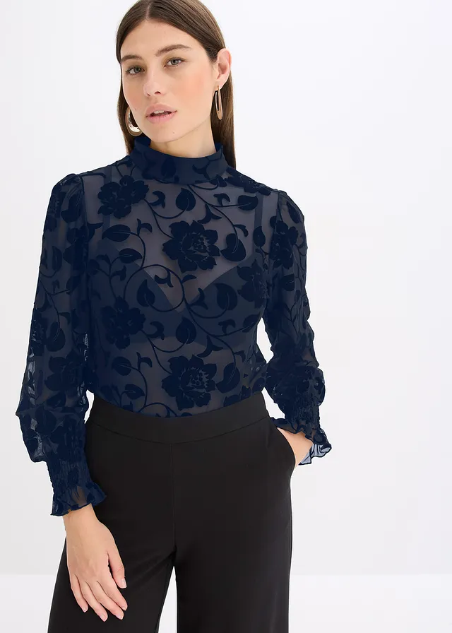 Transparant longsleeve met flockprint, Kleur: donkerblauw
