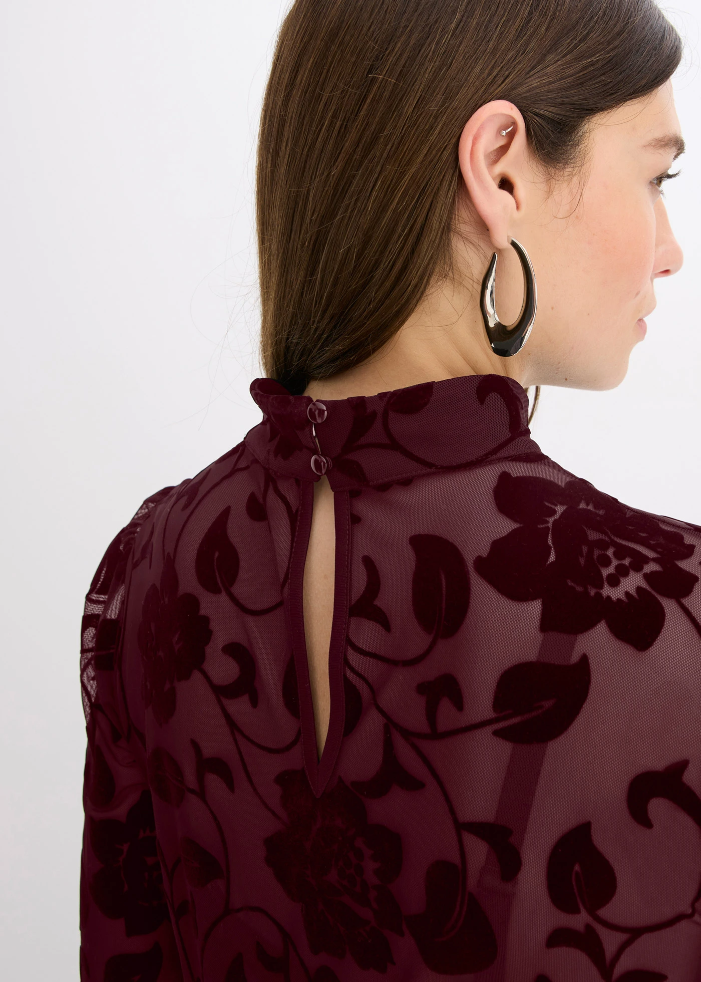 Transparant longsleeve met flockprint • wijnrood • bonprix online shop