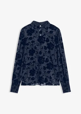Transparant longsleeve met flockprint • donkerblauw • bonprix online shop