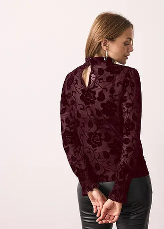 T-shirt manches longues légèrement transparent avec imprimé floqué, Couleur: bordeaux