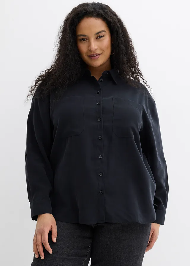 Chemisier fluide en viscose mélangée, Couleur: noir