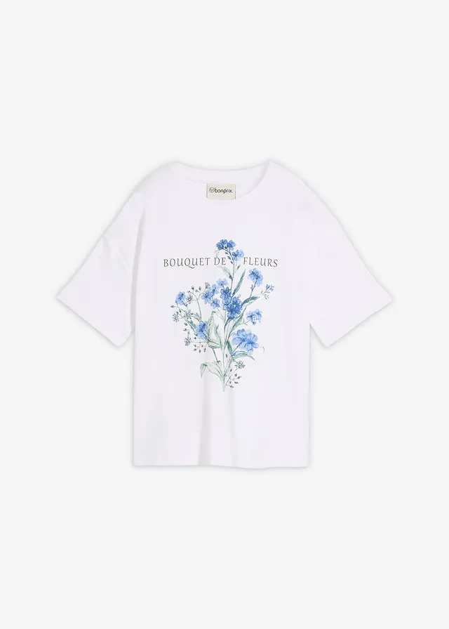 Losvallend T-shirt van puur katoen, Kleur: wit gebloemd