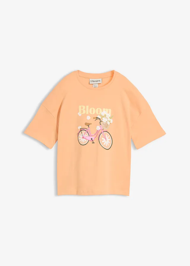 Luźny T-shirt z czystej bawełny, kolor: papaja z nadrukiem