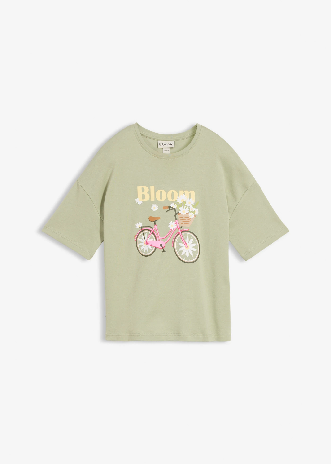 Luźny T-shirt z czystej bawełny • zielono-szary z nadrukiem • sklep bonprix