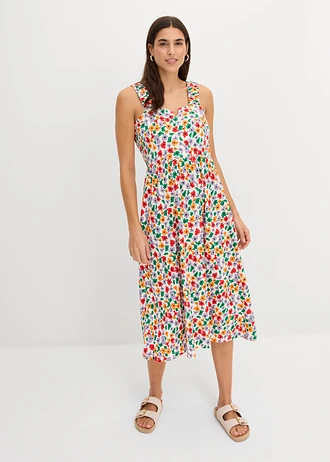 Robe en jersey coton et viscose, Couleur: écru-noir-orange vif-fraise-violine fumé-vert aventurine