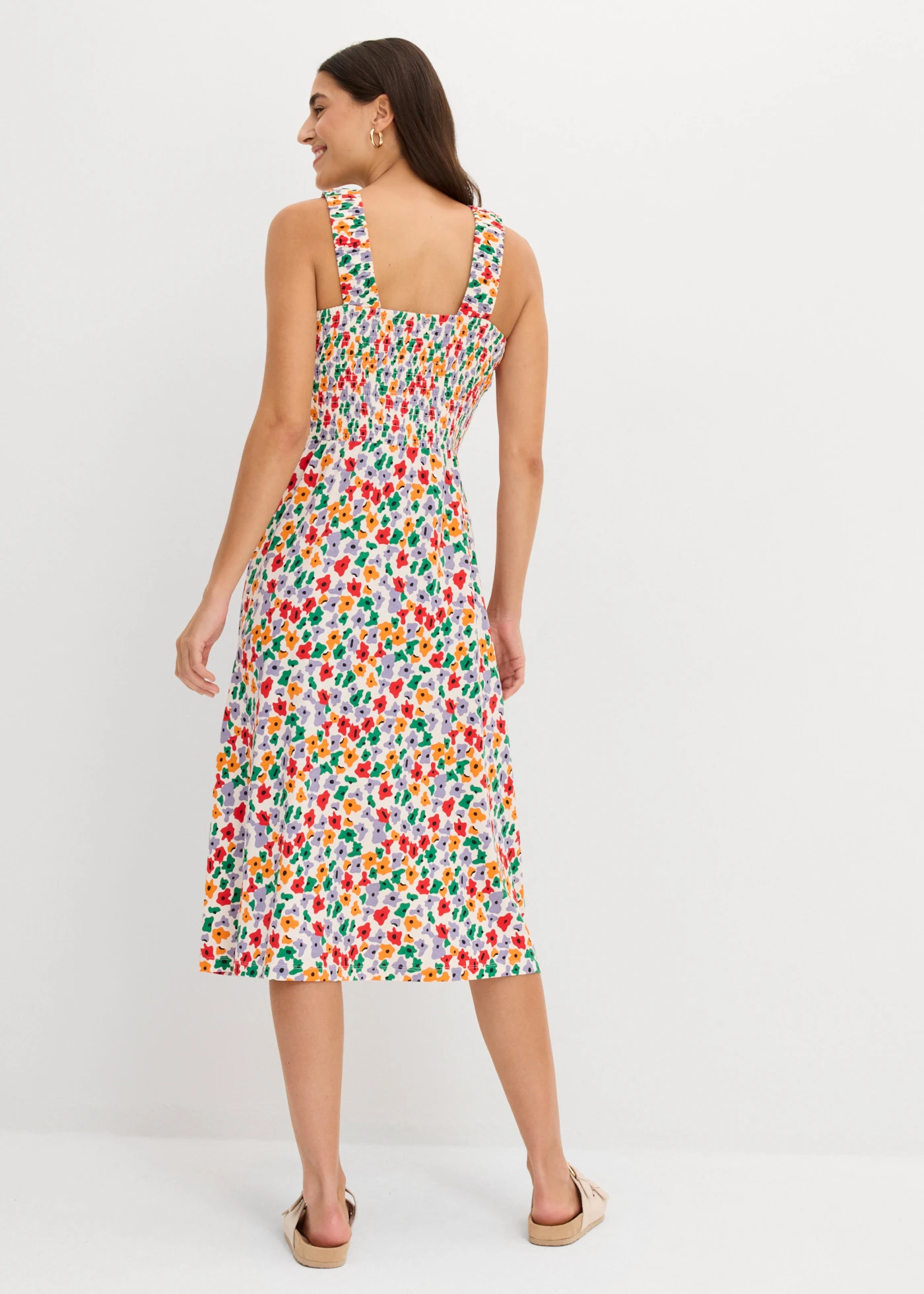 Robe en jersey coton et viscose • écru/noir/orange vif/fraise/violine fumé/vert aventurine • Boutique bonprix