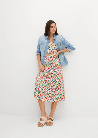 Robe en jersey coton et viscose, Couleur: écru-noir-orange vif-fraise-violine fumé-vert aventurine