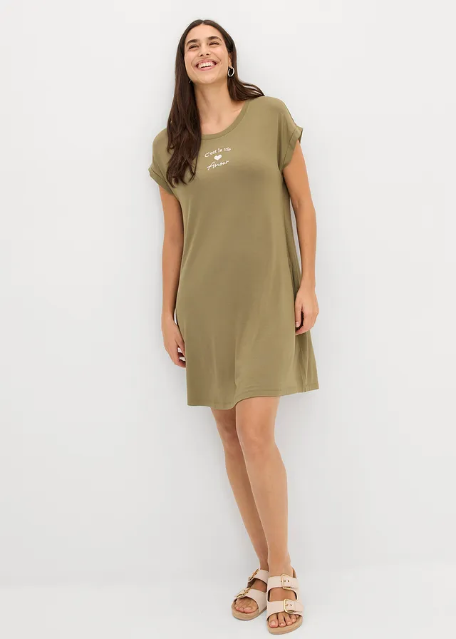Robe en jersey viscose extensible avec broderie poitrine • olive • product-page.page-title-suffix