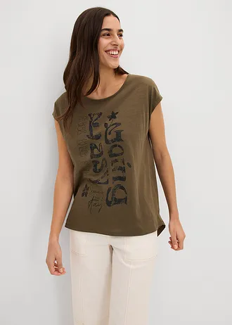 T-shirt long 100% coton • olive foncé-noir graphique • Boutique bonprix