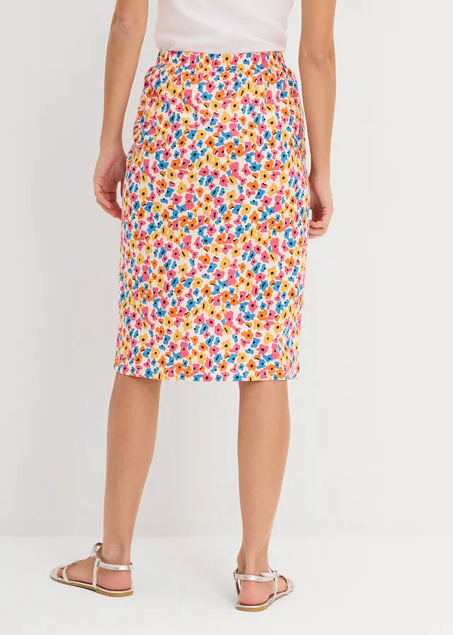 Jupe en jersey, Couleur: écru-noir-jaune-orange chaud-bleu brillant-fuchsia floral