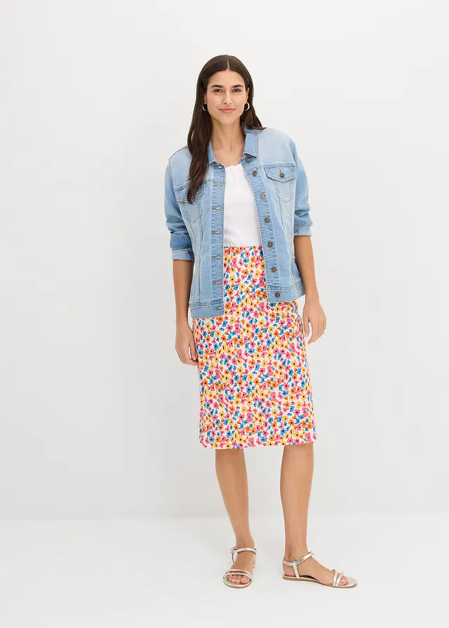 Jupe en jersey, Couleur: écru-noir-jaune-orange chaud-bleu brillant-fuchsia floral