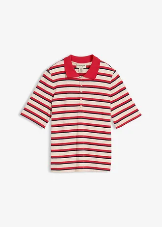 Bluză polo din bumbac organic 100%, culoare: roșu-bleumarin-bej-prund cu dungi