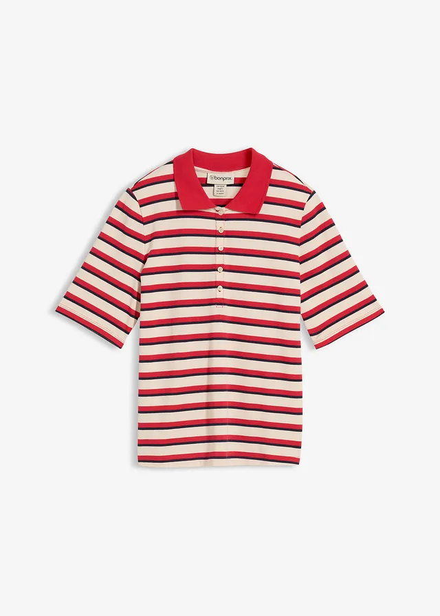 Polo 100% coton • rouge-bleu foncé-beige galet rayé • Boutique bonprix