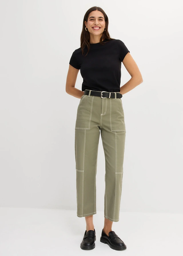 Pantaloni din twill până la gleznă, din bumbac cu elastan alb+negru+flower