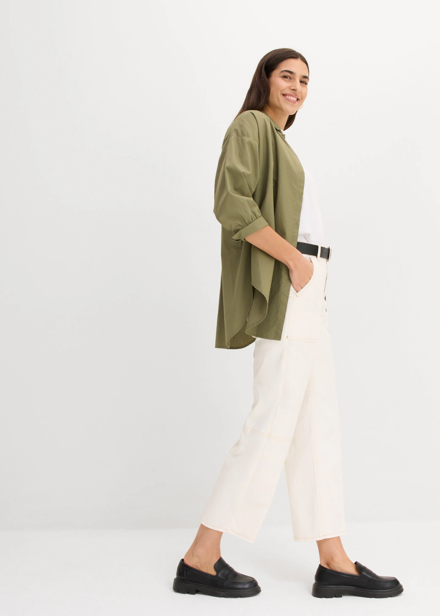 Pantaloni din twill până la gleznă, din bumbac cu elastan • alb perlat • magazin bonprix