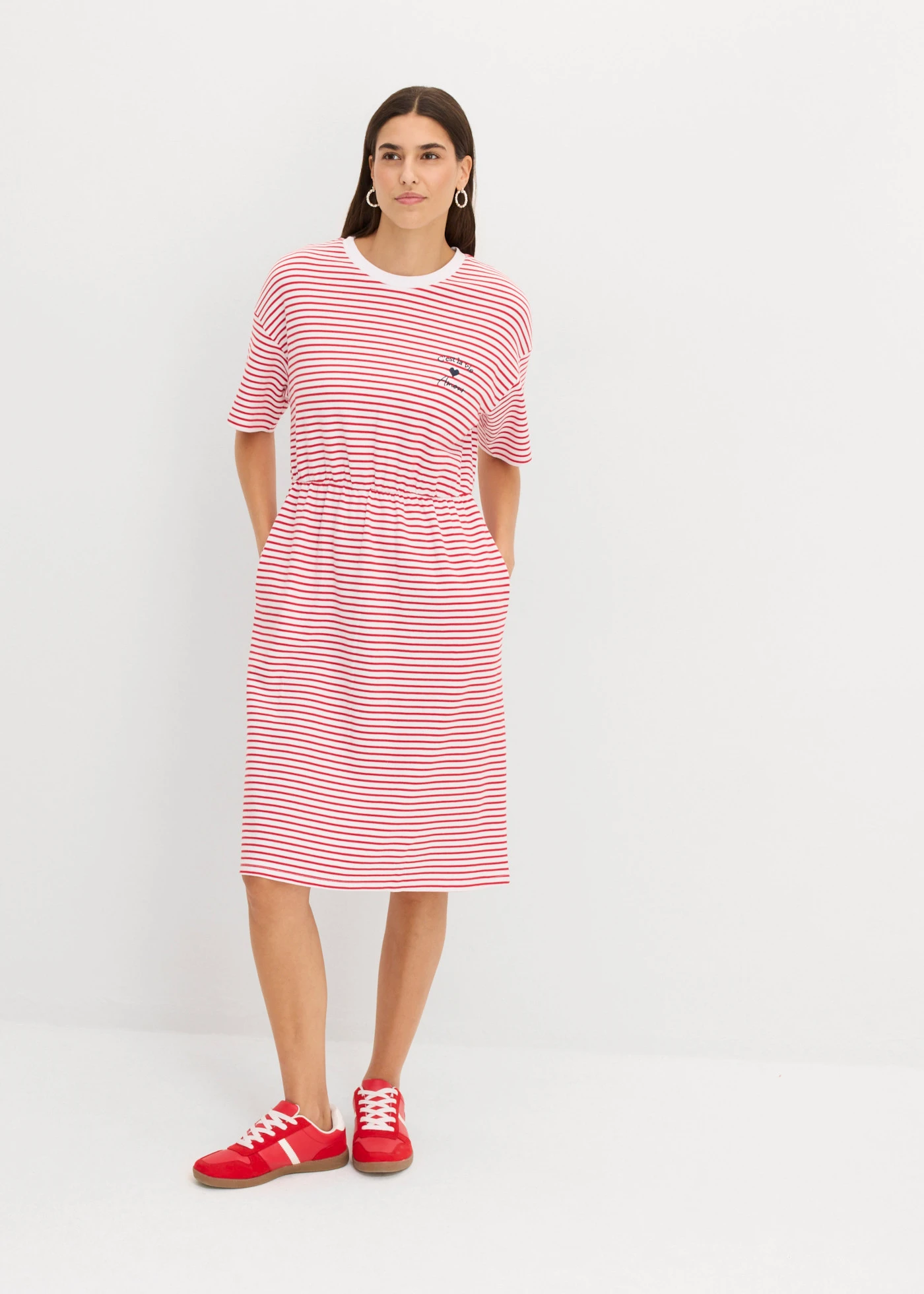 Jersey T-shirt jurk van puur katoen • rood-wit gestreept • bonprix online shop