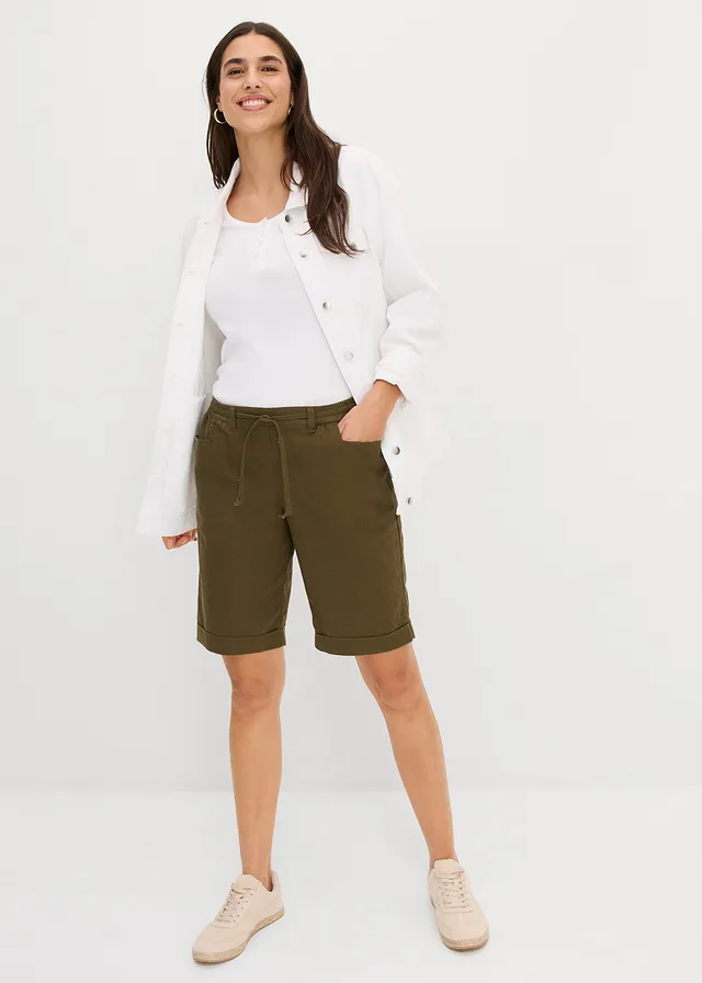 Bermuda met linnen, Kleur: donkerolijfgroen