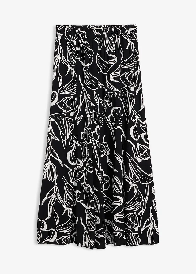 Jupe longue à effet froissé • noir-écru floral • Boutique bonprix