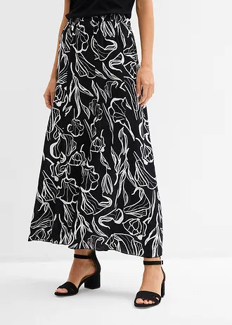 Maxi rok van viscose met crinkle-effect, Kleur: zwart/wolwit gebloemd