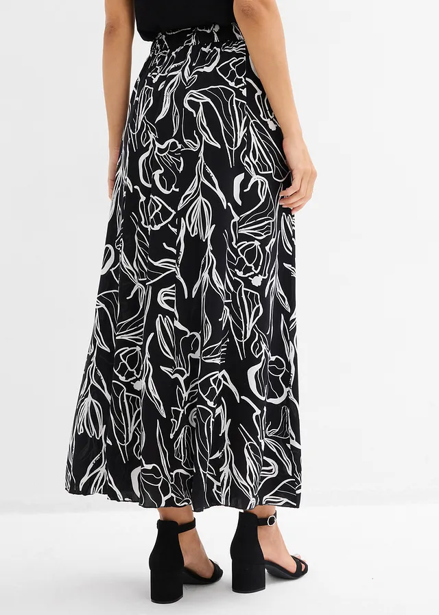 Jupe longue à effet froissé, Couleur: noir/écru floral