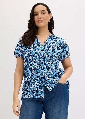 Blouse van viscose met korte mouwen, Kleur: gentiaanblauw gebloemd