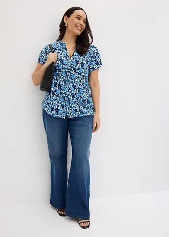 Blouse van viscose met korte mouwen, Kleur: gentiaanblauw gebloemd