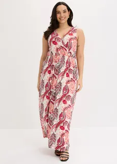 Robe longue en viscose douce et extensible, Couleur: écru-fuchsia paisley
