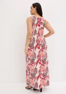 Robe longue en viscose douce et extensible, Couleur: écru-fuchsia paisley