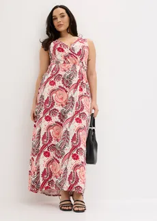 Robe longue en viscose douce et extensible, Couleur: écru-fuchsia paisley