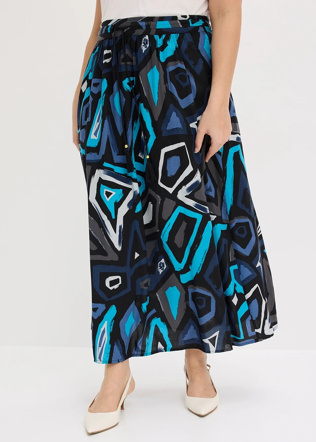 Maxi rok van soepele viscose, Kleur: zwart-blauw grafische print