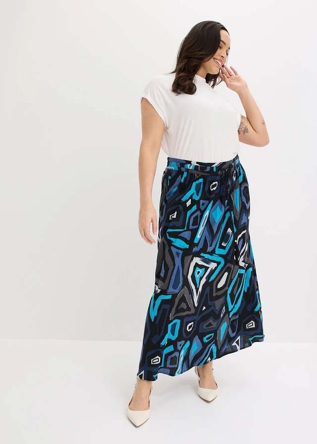 Maxi rok van soepele viscose, Kleur: zwart-blauw grafische print