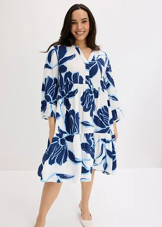 Rochie tip tunică din viscoză fluidă, culoare: alb/albastru floral